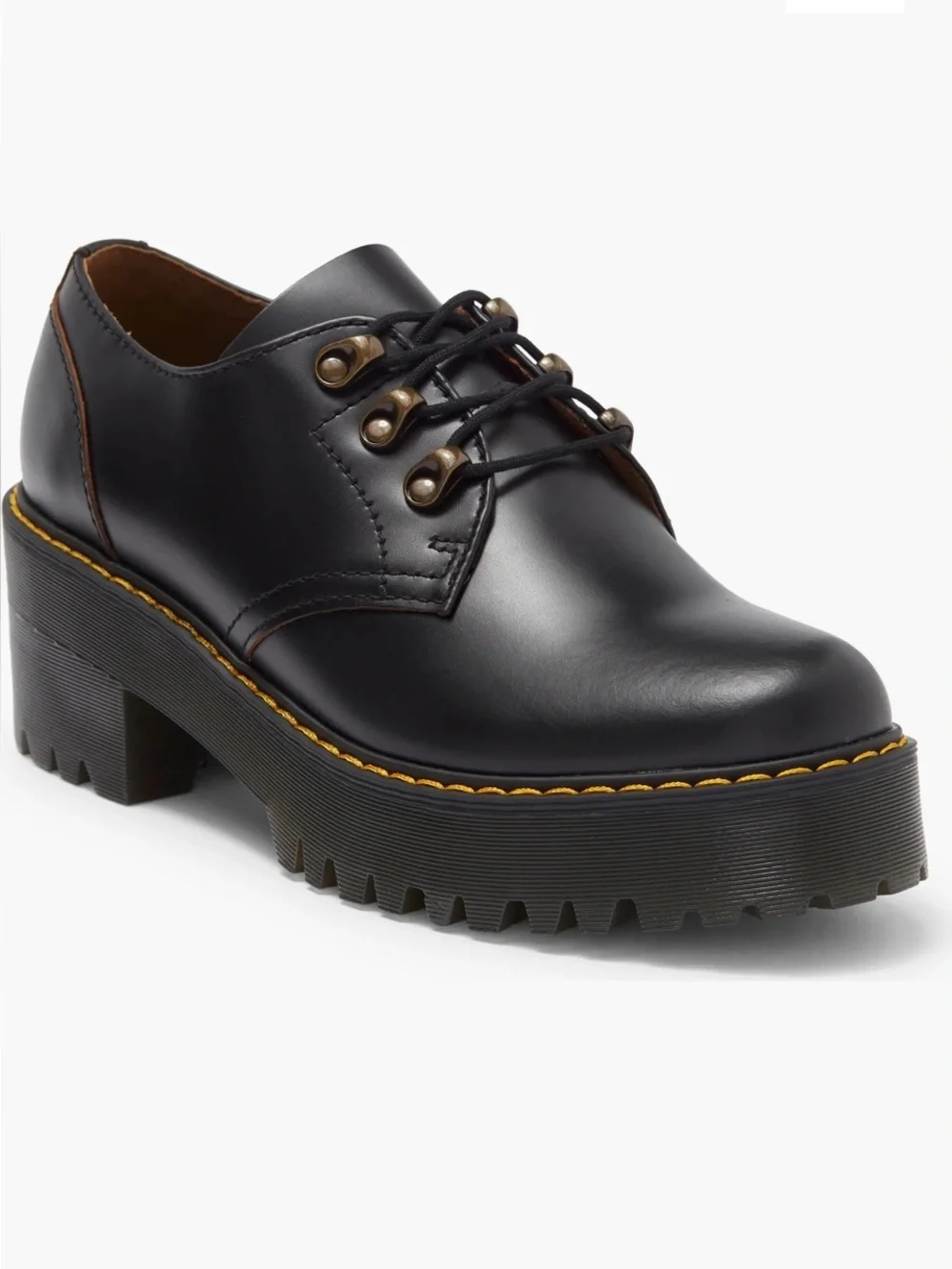Dr. Martens Leona Low Lug Black Leather Heeled Platform Oxford Derby Shoes Sz 7